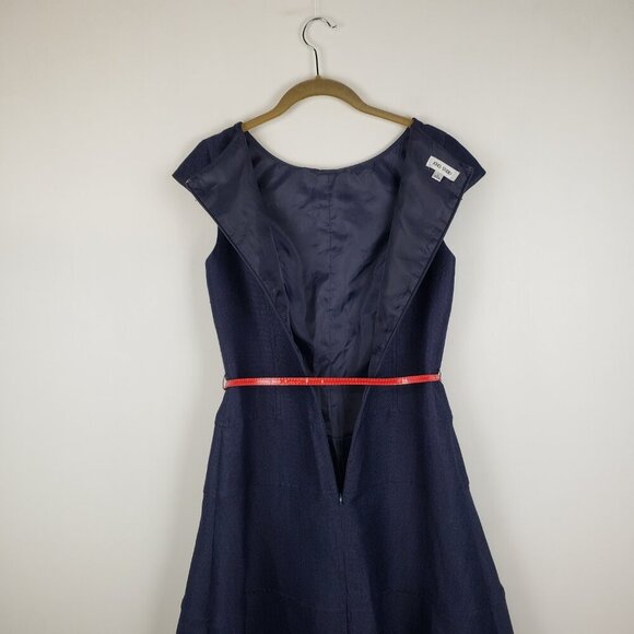 Jones Studio Cap Sleeve Swing Dress Navy Blue Woven Burlap A-Line Retro Size 4 - Picture 7 of 10